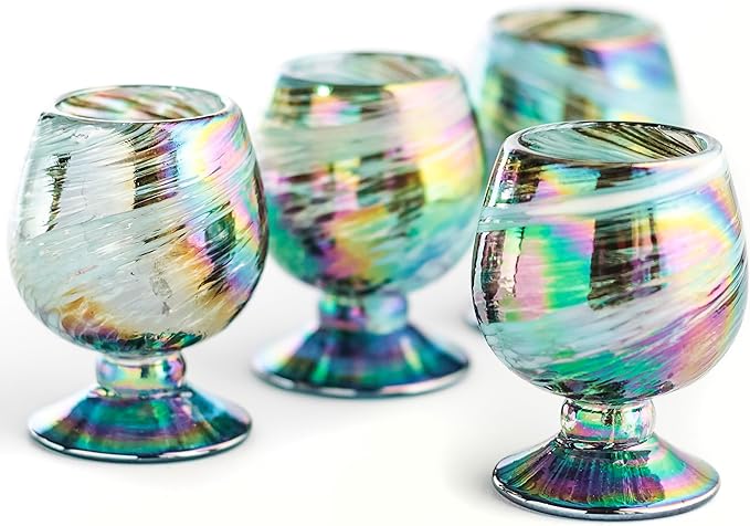 Authentic Mexican Tequila Hand Blown Shot Glasses - Set of 4-2 oz - Mini Glass Snifters - Heavy Base - Cognac (Aurora Borealis)