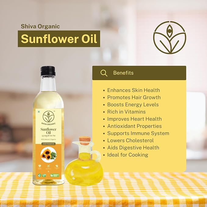 Shiva Organic Cold-Pressed Sunflower Oil - 100% Natural, 1L (33.8 fl oz)) for Cooking and Health