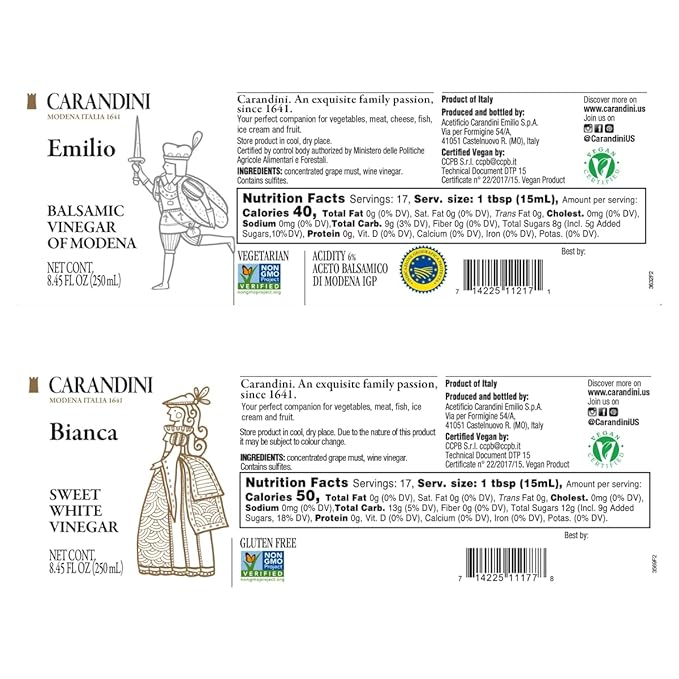 Carandini Emilio Silver Balsamic Vinegar of Modena PGI & Bianca Sweet White Vinegar Combo Set, Premium Italian Vinegars | Made in Italy - 8.45 fl oz (2 Bottles)