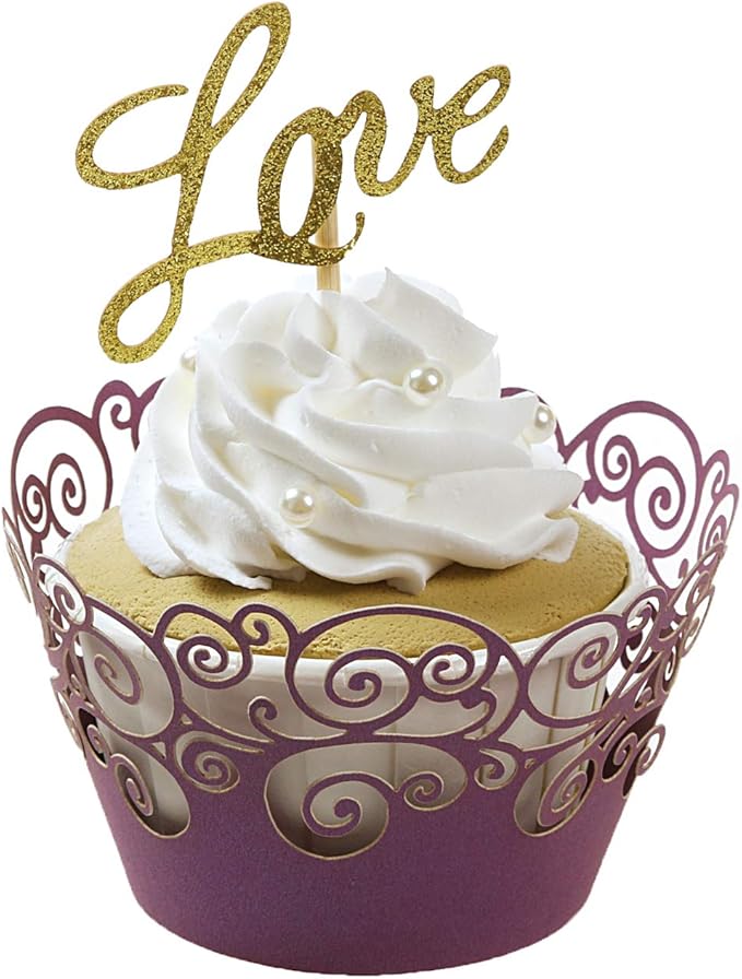 Cupcake Wrappers, KPOSIYA 100 Pack Cupcake Wraps Filigree Artistic Bake Cake Paper Cup Little Vine Laser Cut Liner Baking Cups Muffin Case Trays for Wedding Party Birthday Decoration (100, Purple)
