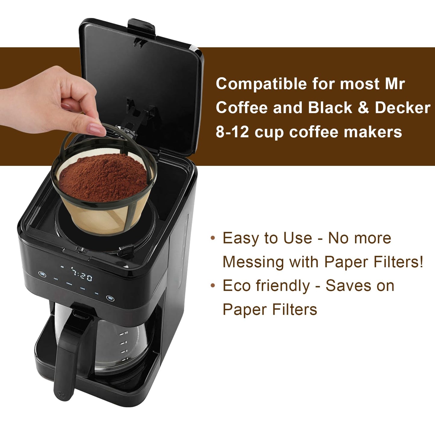 Reusable Coffee Filters 8-12 Cup Compatible with Black Decker Mr Coffee & Most Standard 8-12 Cup