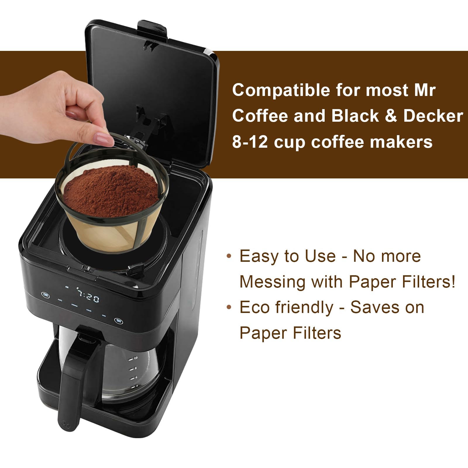 Reusable Coffee Filters 8-12 Cup Compatible with Black Decker Mr Coffee & Most Standard 8-12 Cup