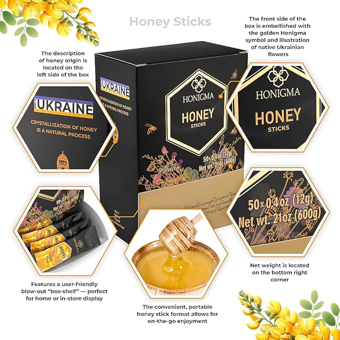 HONIGMA® Pure Ukrainian Acacia Honey Sticks – Deliciously Sweet – Sustainably Sourced – 50 Count (12g Each) – Natural Energy Snack – Bursting with Flavor & Health Benefits (Pack of 2)