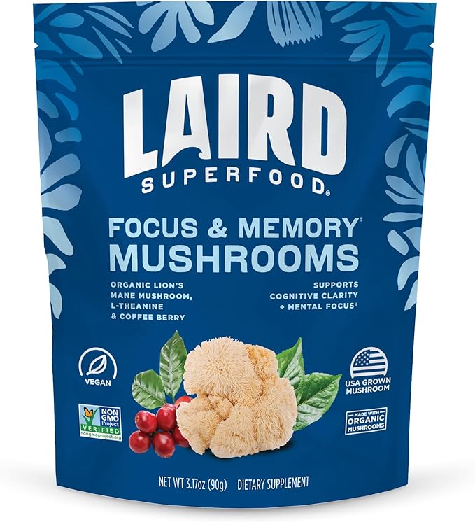 Laird Superfood Organic Focus and Memory Mushroom Blend with Lion?™s Mane, L-Theanine, and Coffee Berry, 3.17 oz. Bag, Pack of 1