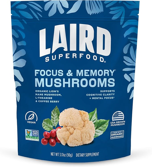 Laird Superfood Organic Focus and Memory Mushroom Blend with Lion?™s Mane, L-Theanine, and Coffee