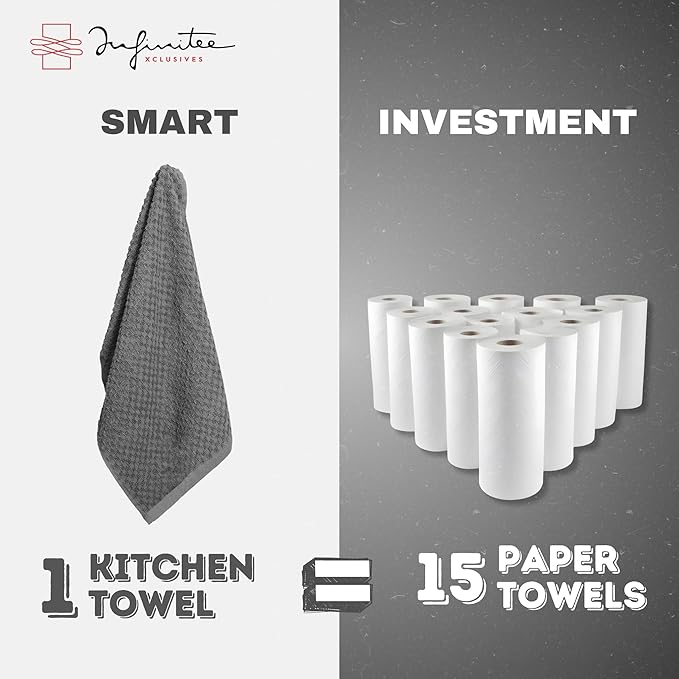 Infinitee Xclusives Premium Kitchen Towels ??Pack of 3, 100% Cotton |15 x 25| Inches Absorbent Dish Towels - Terry Kitchen Dishcloth Towels - Grey Dish Cloth for Household Cleaning