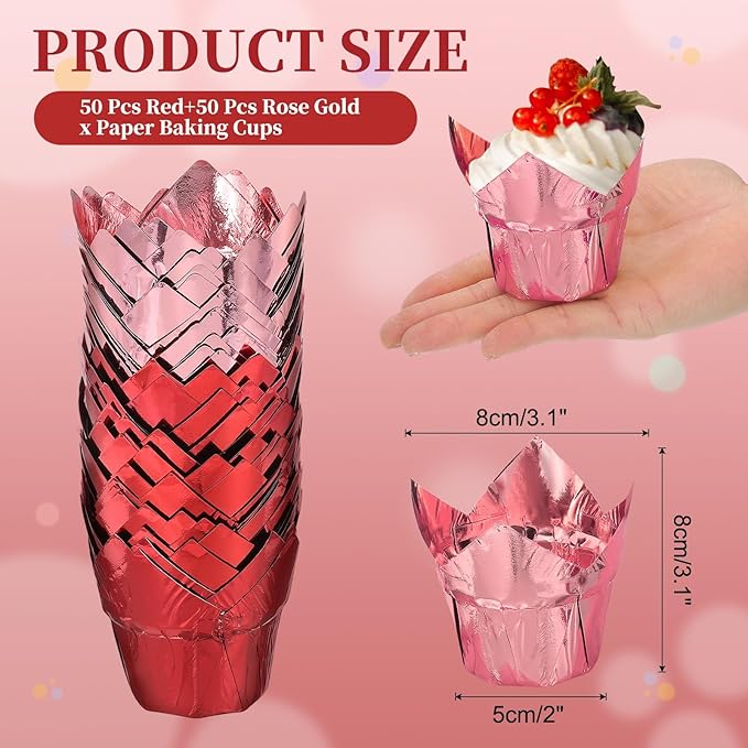 uxcell 100 Pcs Tulip Cupcake Liners, Muffins Liners Aluminum Foil Cupcake Wrappers Baking Cups Muffins Liners for Wedding Birthday Party Supplies, Red/Rose Gold