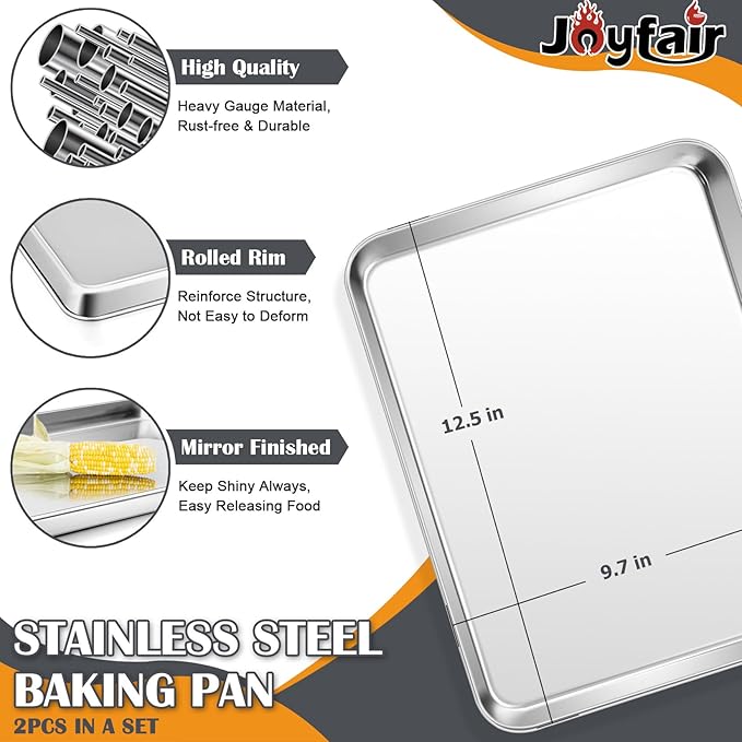 2Pcs Baking Sheet Pan Set, Joyfair Stainless Steel Cookie Sheets, Commercial Metal Pans Toaster Oven Tray Bakeware for Jelly Roll/Bread/Bacon, Heavy Gauge, Rust-free & Dishwasher Safe (12.5 Inch)
