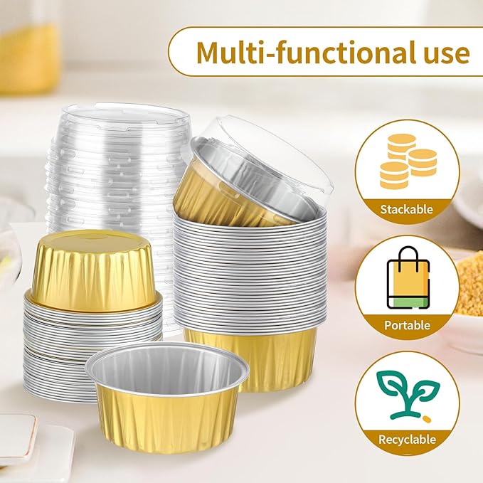200Pack 5oz Gold Mini Cake Pans with Lids and Spoons Baking Cups Aluminum Foil Tins, Individual Round Dessert Cups Containers for Sales,Party,Picnics