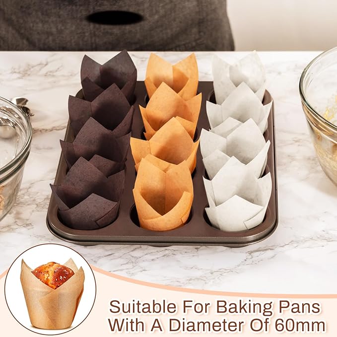 300 Pcs Jumbo Muffin Liners for Baking 2-1/4" x 4" Large Tulip Cupcake Liners Greaseproof Cupcake Wrapper Paper for Weddings Birthday Christmas Anniversaries Party (Light Brown,White,Brown)
