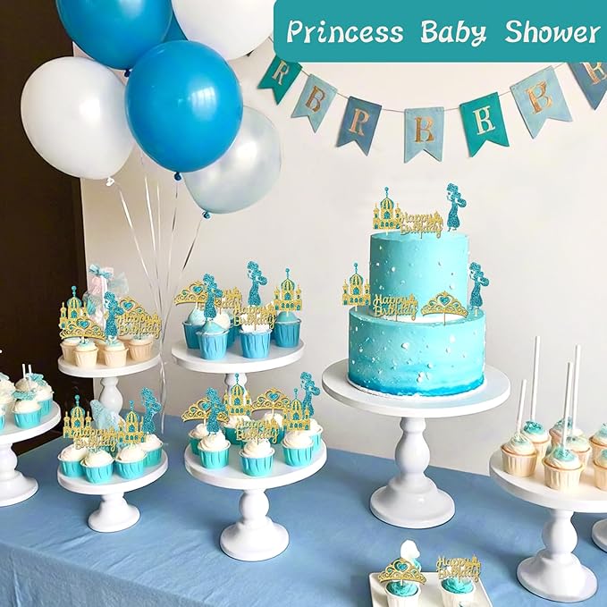24Pcs Lake Blue Princess Cupcake Topper Glitter Castle Gold Happy Birthday Cupcake Toppers Crown Cake Decorations for Princess Birthday Baby Shower Costume Halloween Party Decor