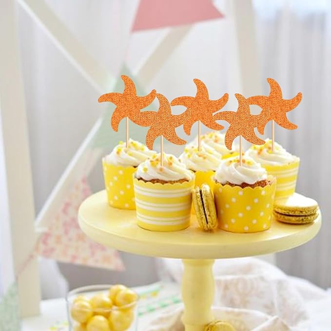 24 PCS Starfish Cupcake Topper Ocean Themed Party Starfish Cupcake Decorations Baby Shower Birthday Party Decorations