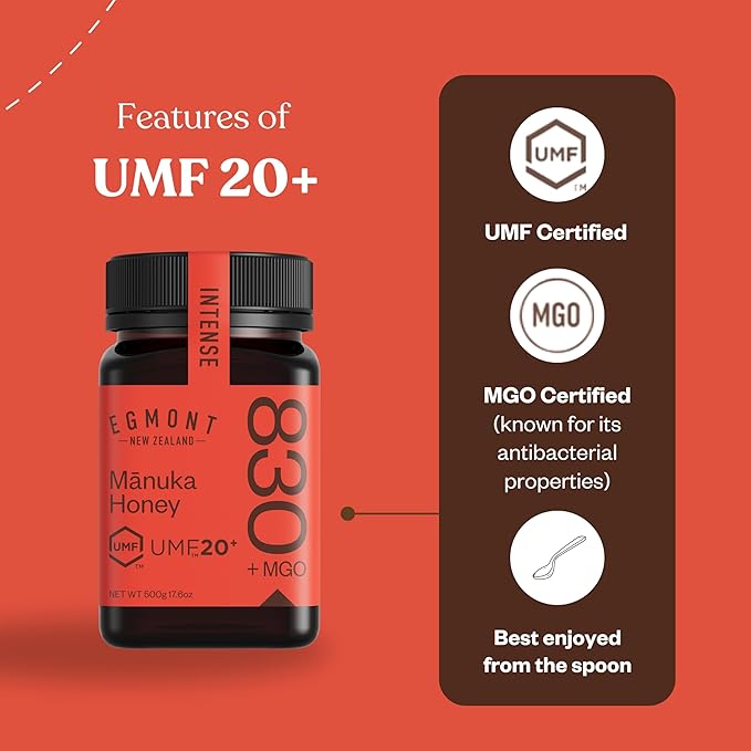 Egmont Honey Manuka Honey UMF 20+ MGO 830+ | 8.8 oz (250 g) | 100% Pure Authentic New Zealand Honey, UMF & MGO Certified, Non-GMO, Kosher, Traceable, Recycled Jar, Immune Support