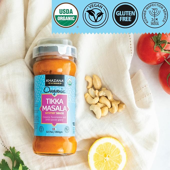 Khazana ORGANIC Tikka Masala Indian Simmer Sauce - 1 x 12.7oz Jars | Non-GMO, Vegan, Gluten Free, Kosher | Easy to Cook Authentic Indian Meals at Home!