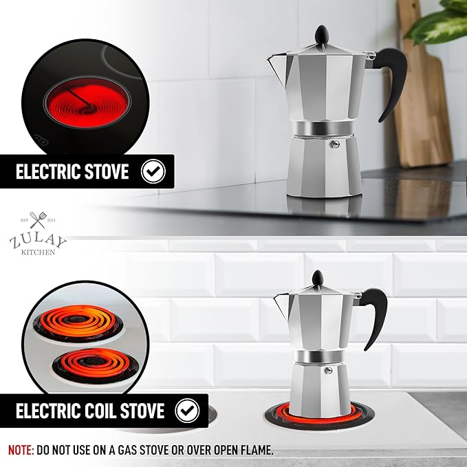 Zulay Kitchen Classic Stovetop Espresso Maker for Great Flavored Strong Espresso, Classic Italian Style 5 Espresso Cup Moka Pot, Makes Delicious Coffee, Easy to Operate & Quick Cleanup Pot