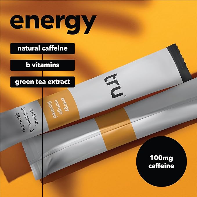 Tru Energy Powder, Natural Caffeine Supplement with Green Tea Extract, Pre Workout Drink Mix with Vitamin B6, Vitamin B12, Monk Fruit & Stevia, Sugar Free, Gluten Free, Vegan, Mango Flavor, 12 Packets