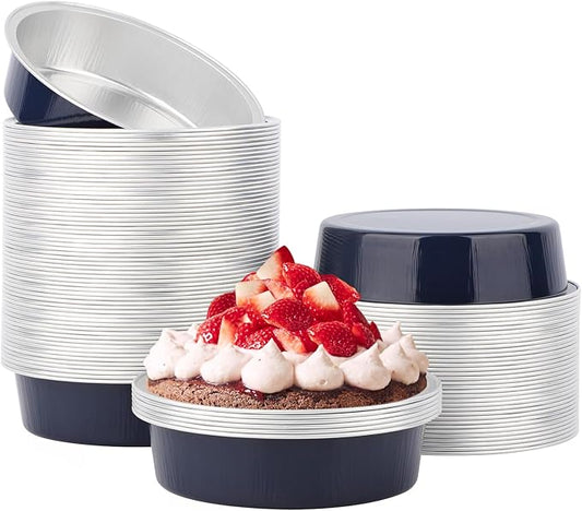 Beasea Aluminum Baking Cups 100 Pack, 7.3oz 4??215ml No Lids Disposable Ramekins Foil Cups Baking Ramekin Cup Cupcake Aluminum Mini Baking Cups for Party - Dark Blue