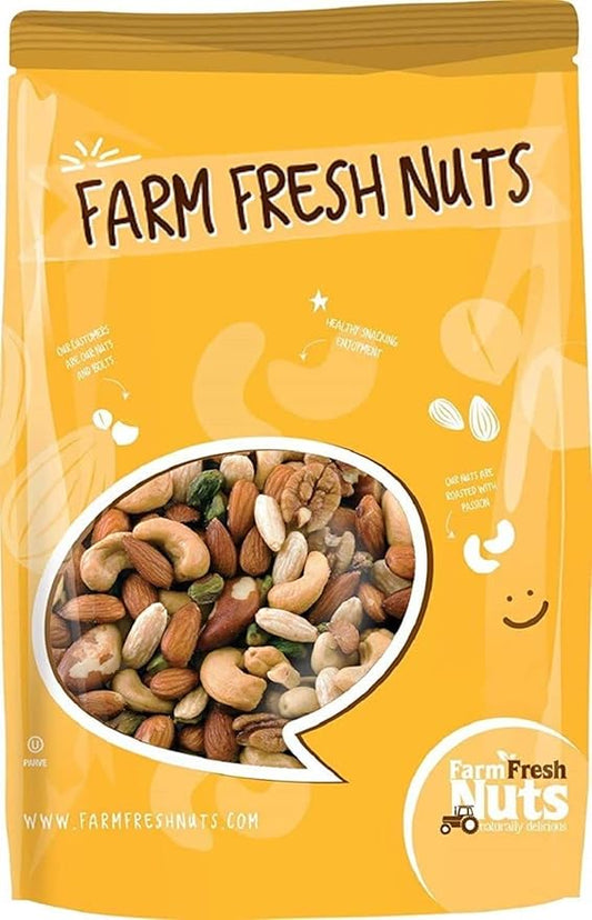 Dry Roasted Deluxe Mixed Nuts with Himalayan Salt (2 Lbs.) - The World's Finest Premium Mix of Almonds, Brazil Nuts, Cashews, Pecans & Pistachios - Farm Fresh Nuts Brand