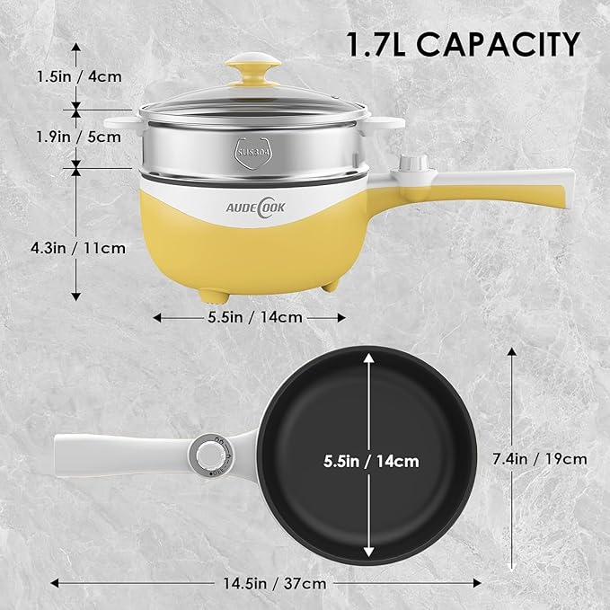Audecook Hot Pot Electric with Steamer, 1.7L Mini Electric Skillet Portable Nonstick Saut챕 Pan with Power Adjustment, Rapid Noodles Cooker Travel Multicooker for Steak/Soup/Egg/Oatmeal/Noodles