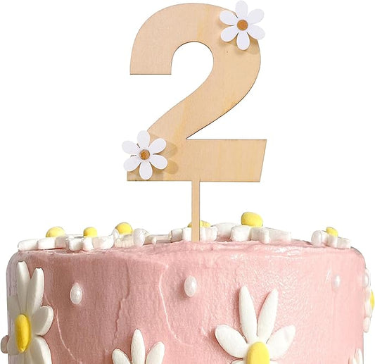 Wooden Daisy Cake Topper - 2nd Birthday Decor, Retro Groovy, Boho, Wooden Cake Decorating Supplies, Second Anniversary