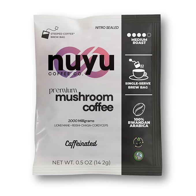 Nuyu Mushroom Coffee Brew Bags - Premium Coffee with 2000mg Functional Mushrooms - Lion's Mane, Chaga, Reishi, Codyceps - Energy, Focus & Immune Support - 7 Count - Medium Roast
