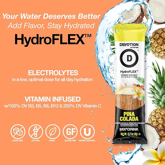 Devotion Nutrition HydroFLEX Water Flavoring Packets ??Sugar-Free Hydration with Vitamins & Electrolytes ??Dye-Free, Gluten-Free (Pina Colada) 12-Pack Drink Mix