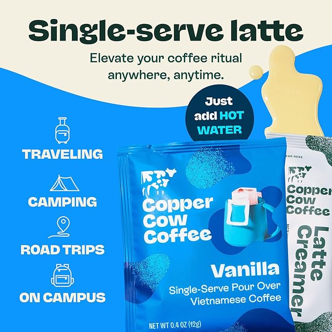 Copper Cow Premium Vietnamese Ground Coffee Variety Pack (15 Coffees & 15 Creamers)| Classic Black, Churro, & Vanilla Latte | Pour Over Single-Serve Lattes, No Refrigeration Needed