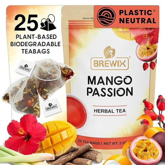 BREWIX, Mango Passion Fruit Herbal Tea Bags ??25 Plant-Based Pyramid Bags | Iced or Hot | Hibiscus, Citrus Peel, Lemongrass | Caffeine-Free & Naturally Uplifting Wellness Brew