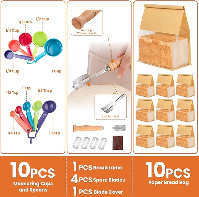 TomCare Sourdough Starter Kit 38PCS Sourdough Bread Baking Supplies, 42oz Glass Starter Jar 10'' Round Cotton Bread Proofing Basket 10pcs Bread Bags 10pcs Measuring Cups Silicone Baking Mat Tools
