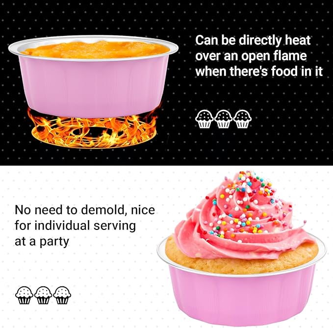 Beasea Disposable Baking Cups, 8oz 200 Pack Aluminum Ramekins Foil Baking Cups 3.9" Cupcake Aluminum Mini Baking Cups for Party - Cherry Blossoms Pink
