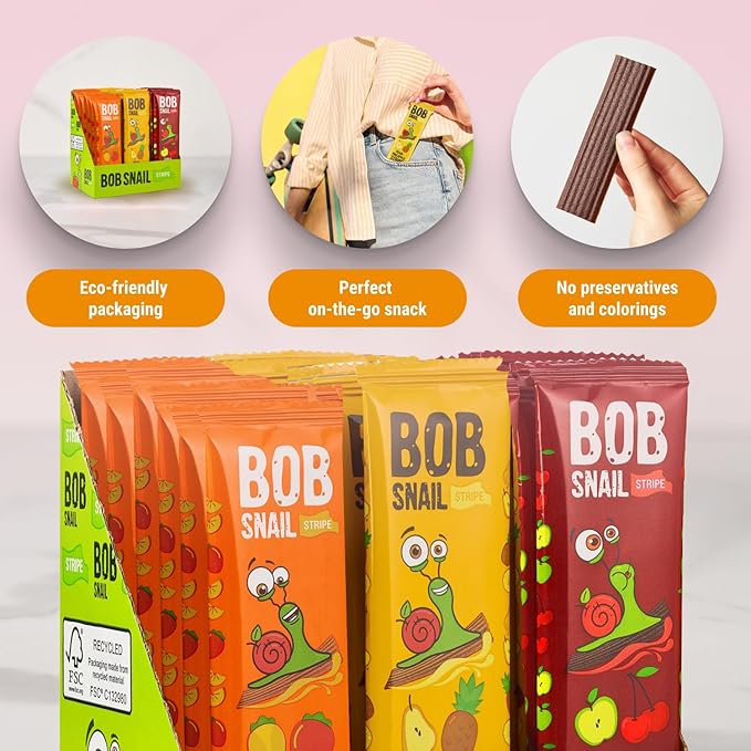 BOB SNAIL Healthy Organic Fruit Snacks for Kids and Adults ??30 Organic Fruit Leather Snacks with Persimmon, Pear-Pineapple,Cherry ??Vegan Low-Carb Variety Pack Strips for Kids ??Sugar Free Jerky Bars