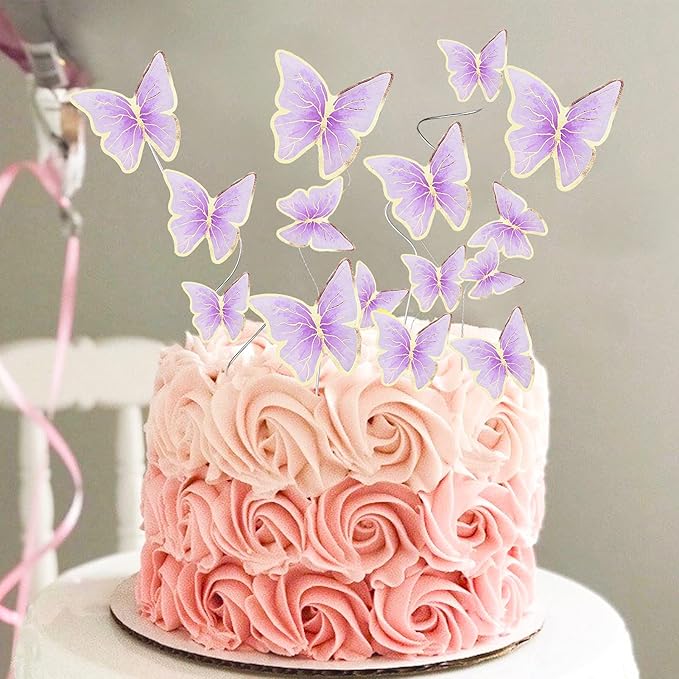 Set of 66 Pack Purple Gold Cupcake Toppers Mixed Size&Colour 3D Butterfly Cake Picks Decorations with Dot Glue and Support Stick for Girl Women Wedding Birthday Party Baby Shower Food Wall Decoration