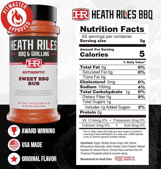 Heath Riles BBQ Rub - Sweet Seasoning, Champion Pitmaster Recipe, Legendary Rubs For Smoking & Grilling, 70+ BBQ Championships, 8 oz.