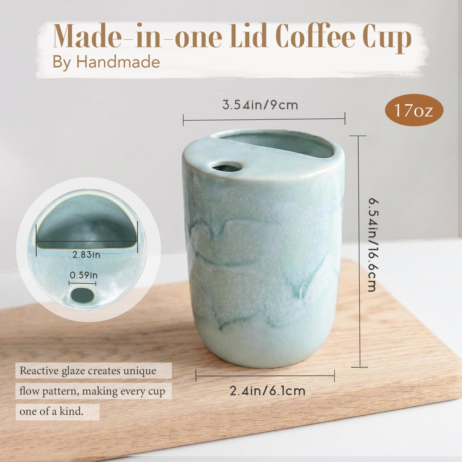 Handmade Ceramic Coffee Mug with Half Lid, 17oz Unique Tea Coffee Cup with Sip-top Lid, Sea Foam