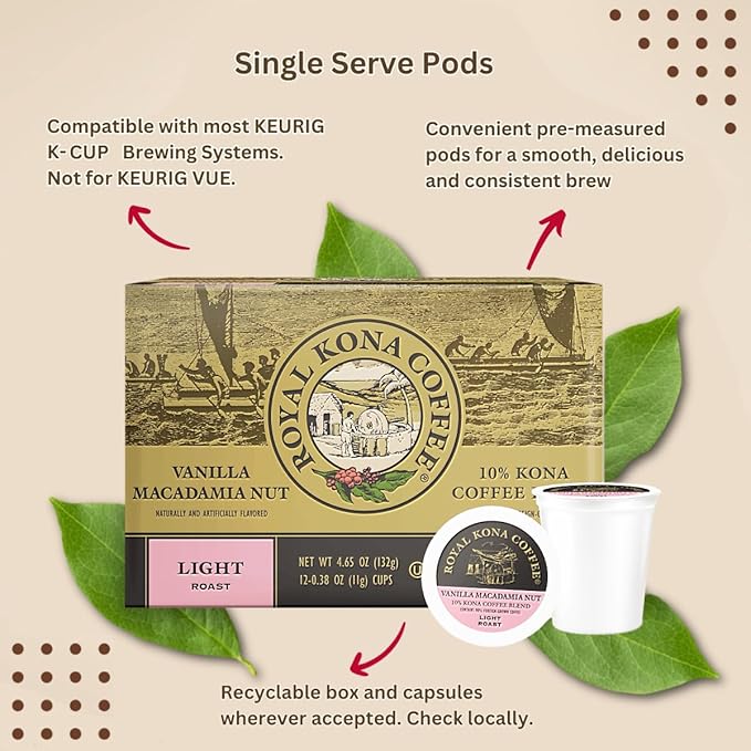 Royal Kona Vanilla Macadamia Flavored, 10% Kona Coffee Blend, Light-Roast Single-Serve Coffee Pods, Compatible with Keurig® Brewers, A Taste of Aloha - (12 Count Box)