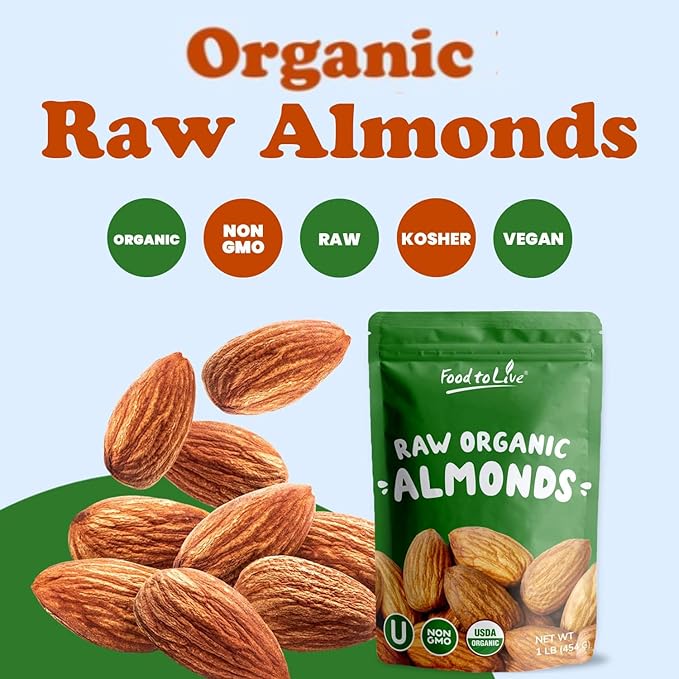 Food to Live - Organic Imported Raw Almonds, 2 Pounds Non-GMO, Whole, Raw, No Shell, Unpasteurized, Unsalted, Vegan, Kosher, Bulk.