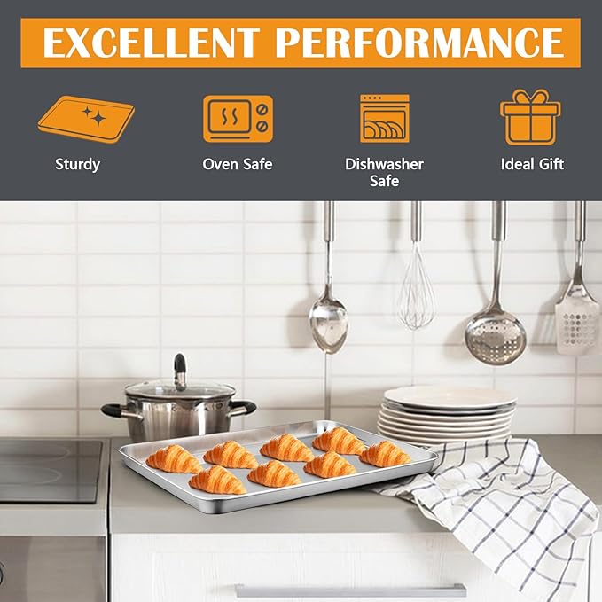 2Pcs Baking Sheet Pan Set, Joyfair Stainless Steel Cookie Sheets, Commercial Metal Pans Toaster Oven Tray Bakeware for Jelly Roll/Bread/Bacon, Heavy Gauge, Rust-free & Dishwasher Safe (16 Inch)
