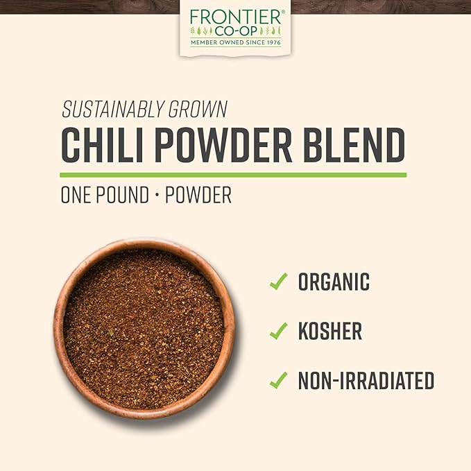 Frontier Co-op Organic Chili Powder Seasoning, 1 Pound, Mild to Moderatly Spicy, Sweet, Tangy, Zesty, Kosher, Salt Free