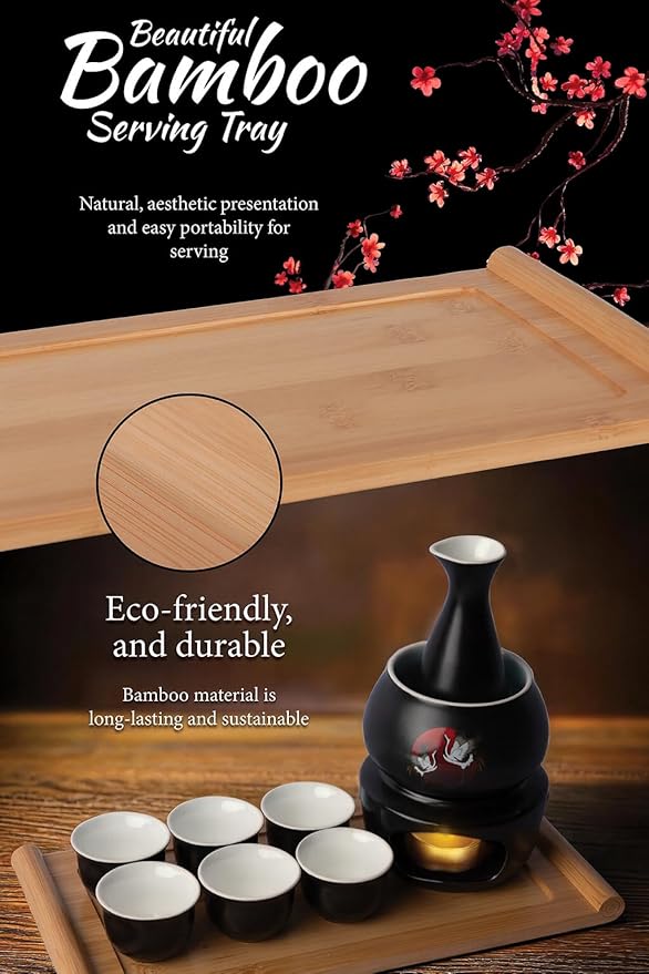 Japanese Sake Cup Set with 6 Ceramic Cups, 1 Ceramic Sake Bottle, 1 Ceramic Sake Warmer, Bamboo Tray, and Cloth Carrying Case - Perfect Hot Sake Set for Authentic Japanese Experience (Black/White)