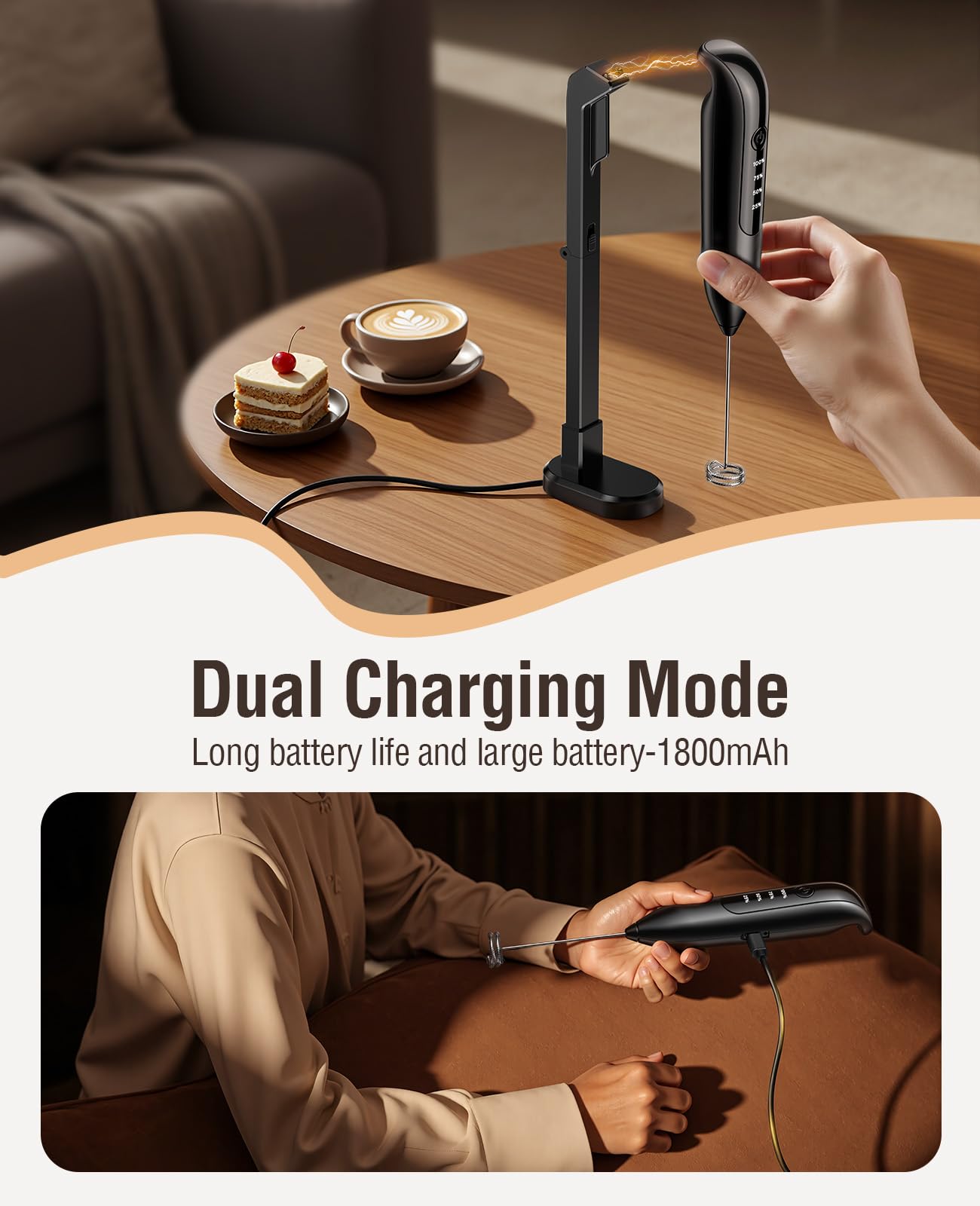yidianideals Electric Milk Frother: LED&Wireless Charging, 3 Heads 3 Speeds