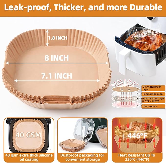 Air Fryer Paper Liners for 3-6 Qt, 7.1 x 7.1 inch Thickened Square Disposable Parchment Liner compatible with Ninja AF141/Chefman/Instant Pot/Cosori Airfryers