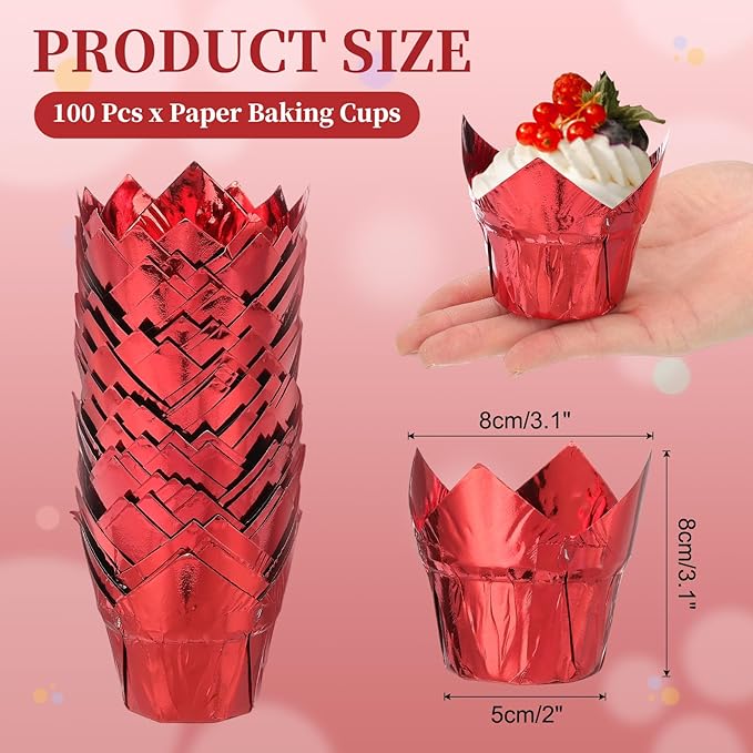 uxcell 100 Pcs Tulip Cupcake Liners, Muffins Liners Aluminum Foil Cupcake Wrappers Baking Cups Muffins Liners for Wedding Birthday Party Supplies, Red
