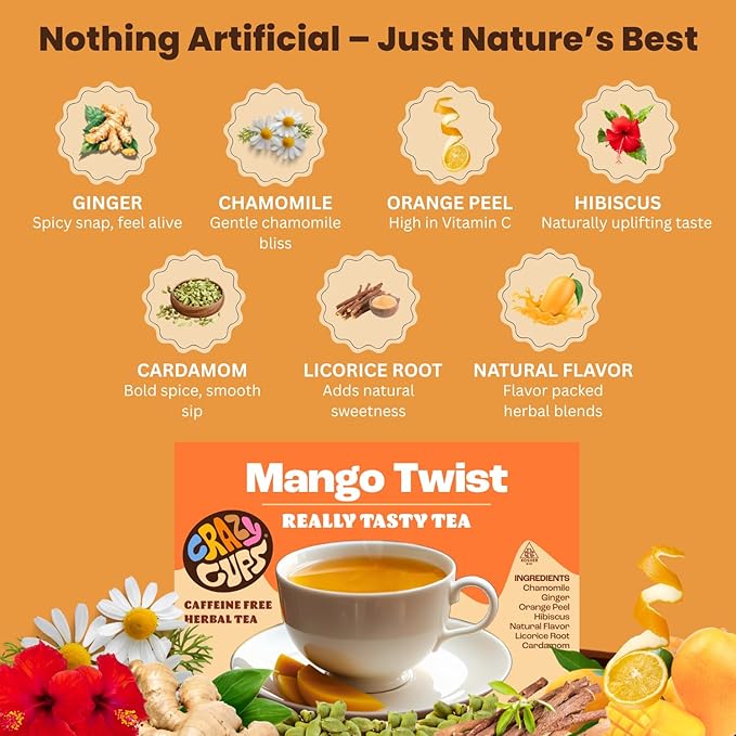 Crazy Cups Mango Twist Herbal Tea Pods, 22 Count | Caffeine Free, Kosher Certified, Fruity Tropical Chamomile Blend with Ginger & Hibiscus, K Cup Compatible, Vegan, Gluten Free Herbal Tea
