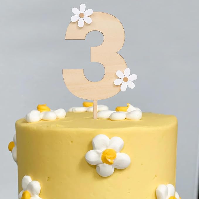 Wooden Daisy Cake Topper - 3rd Birthday & Anniversary Decor, Retro Groovy & Boho Style, Wooden Cake Decorating Supplies