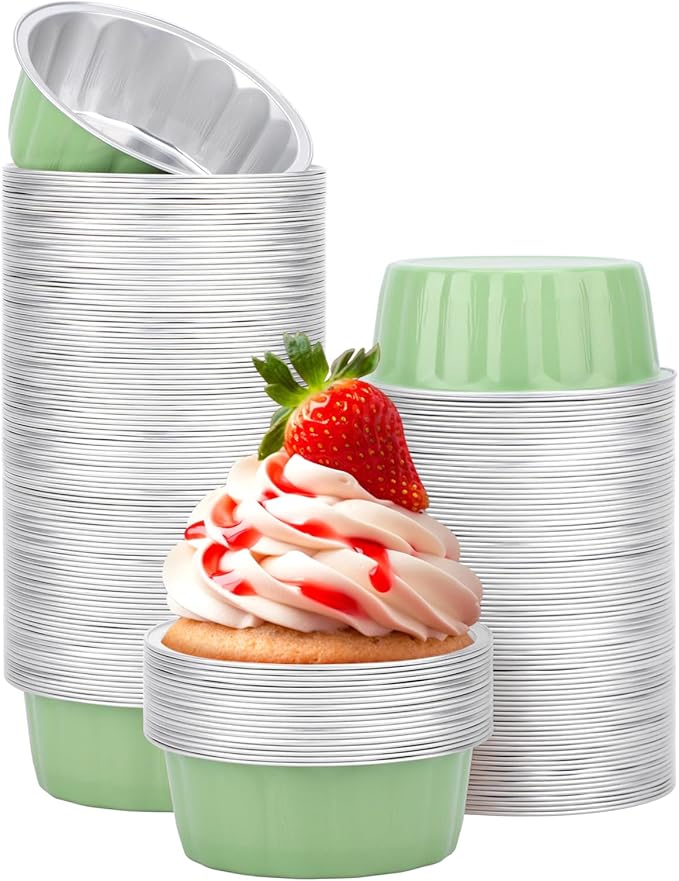 Beasea 8oz Aluminum Ramekins, 200 Pack 3.9" Disposable Baking Foil Cups Mini Ramekin Cup Cupcake Aluminum Baking Cups for Party - Pea Green
