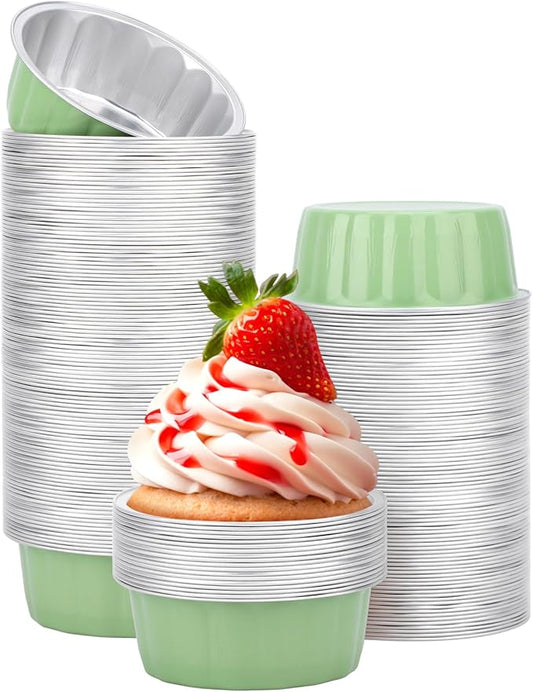 Beasea 8oz Aluminum Ramekins, 200 Pack 3.9" Disposable Baking Foil Cups Mini Ramekin Cup Cupcake Aluminum Baking Cups for Party - Pea Green
