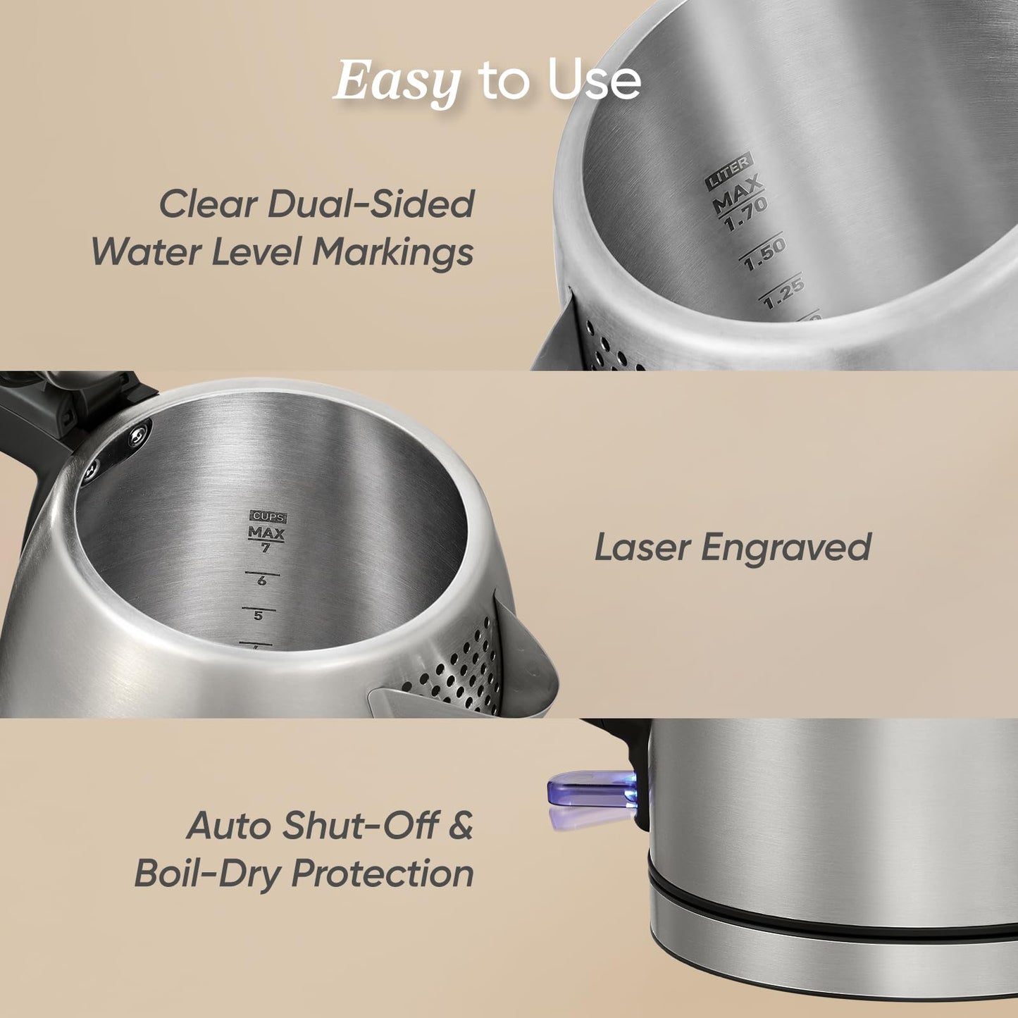 Cosori Stainless Steel Electric Kettle, No Plastic Contact with Water, 1.7L