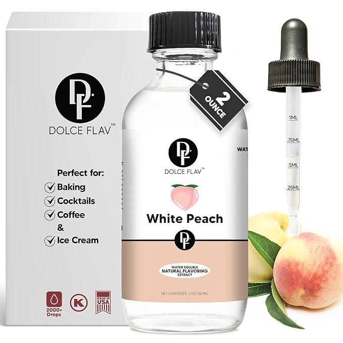 Dolce Flav Natural White Peach Extract 2 oz ??Kosher, Sugar-Free, Concentrated Sweet White Peach Flavoring for Beverages, Desserts & Baking, Includes Measured Dropper