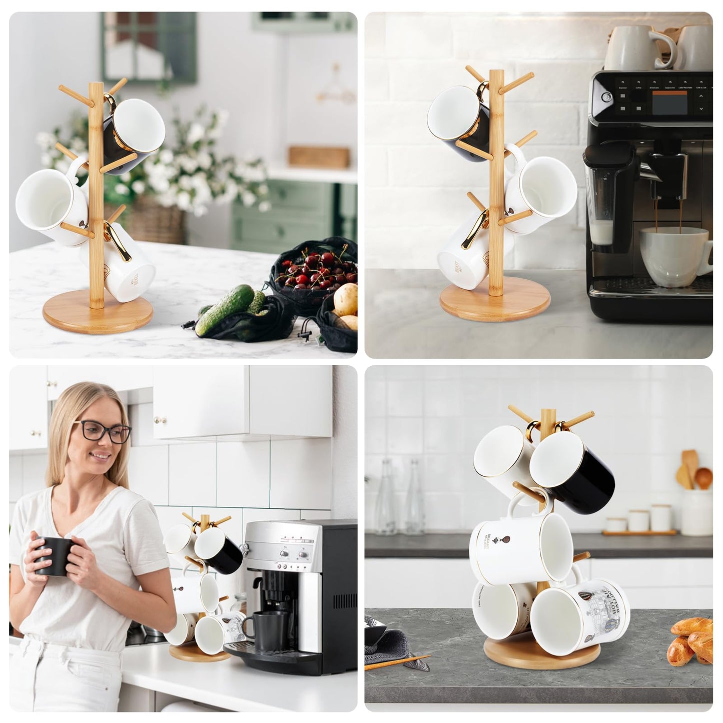 Bamboo Mug Tree Holder, Upgraded Screw Type 6 Hooks Coffee Mug Holders