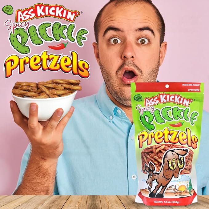 ASS KICKIN??Spicy Pickle Pretzels 12 Ounce Size Flavor Pack Seasoned Pretzel Twists